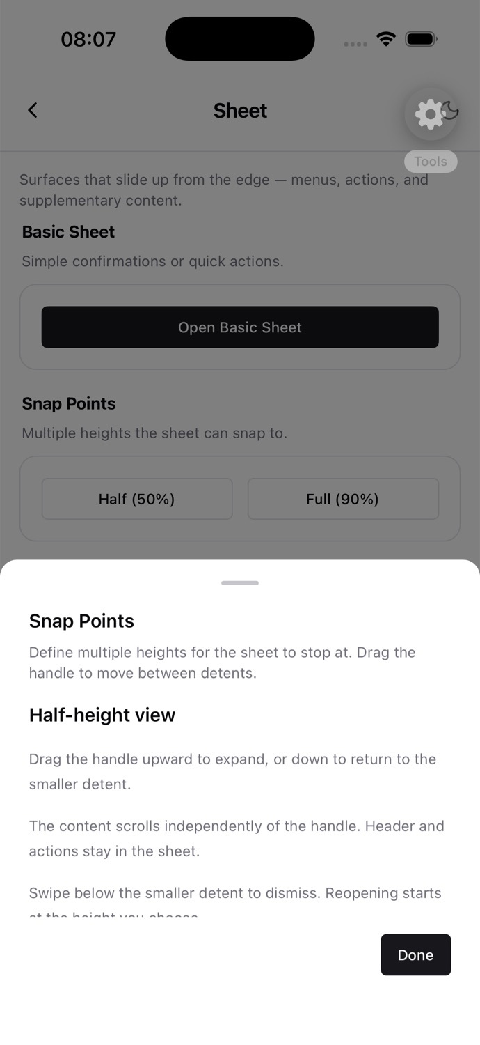 RNUI example app showing the Sheet component open at its 50 percent snap point